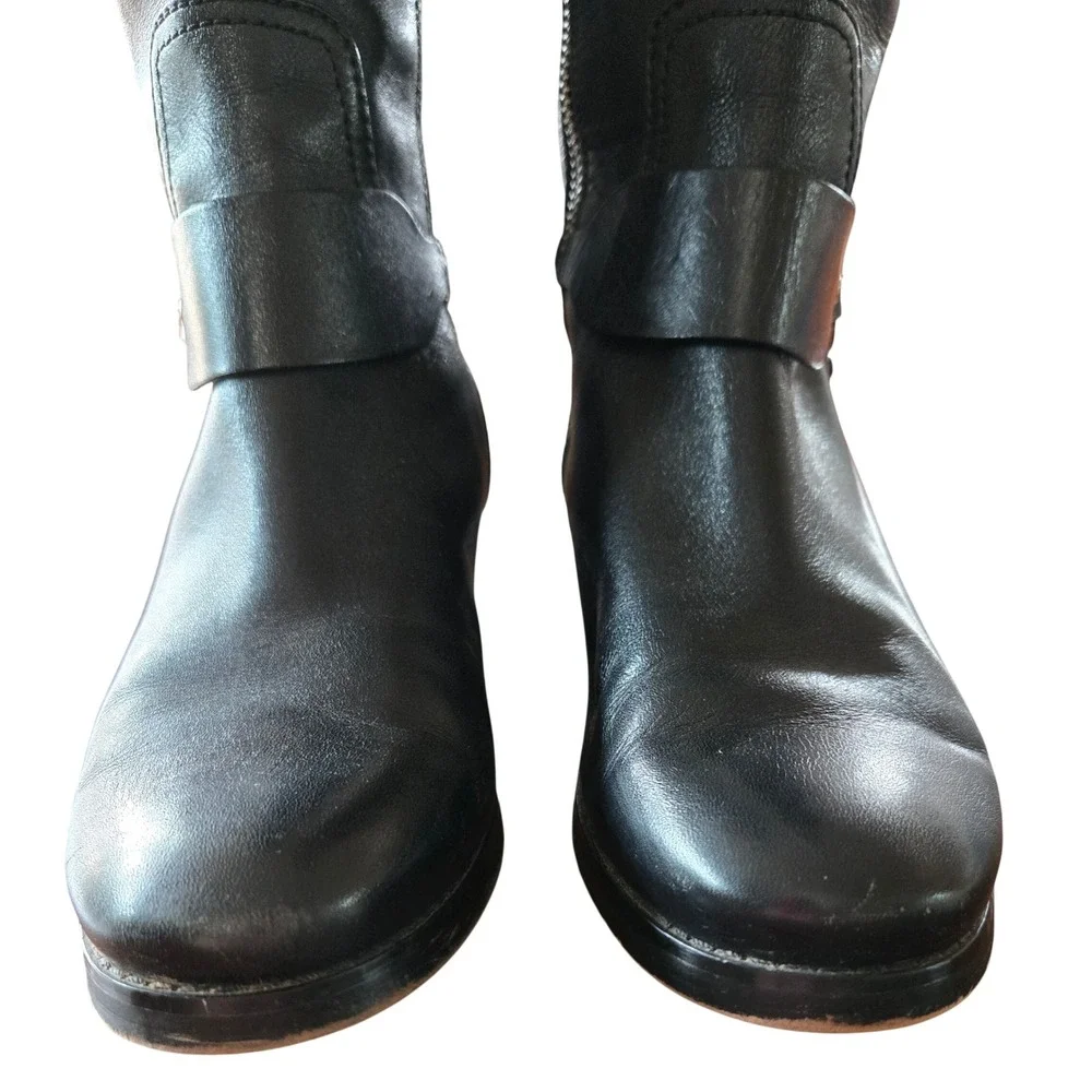 Michael Kors Black Leather Tall Riding Boots Silver MK Logo Medallion Womens 7M